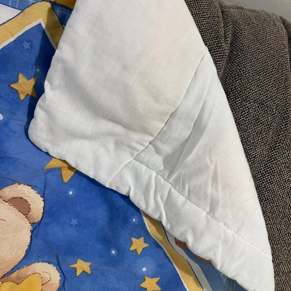 Vtg 90s Celestial Angel Teddy Bear Moon Stars Baby Quilt Blue Yellow 33x42